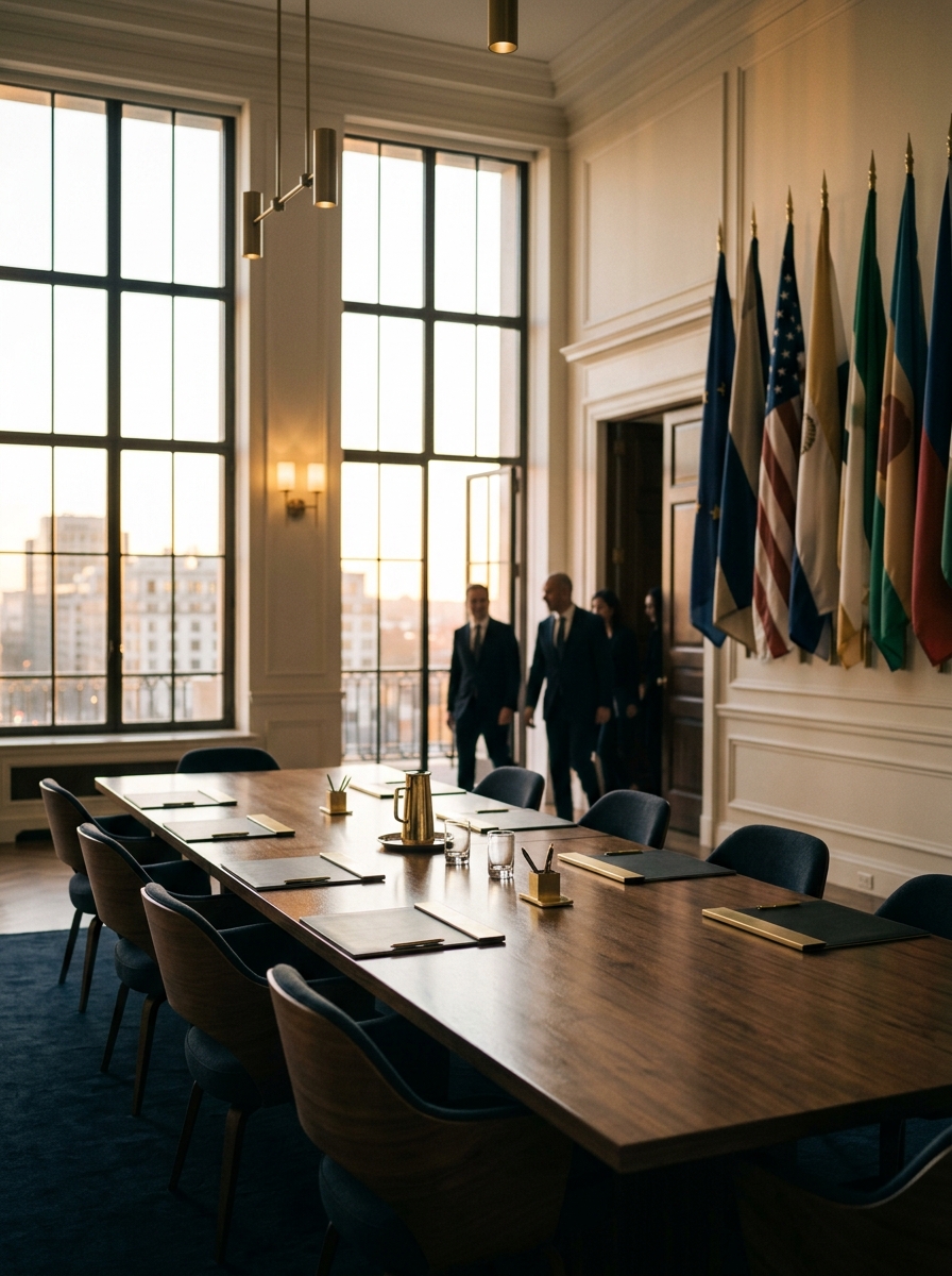 Diplomatic interior at golden hour with a quiet wall of muted international flags