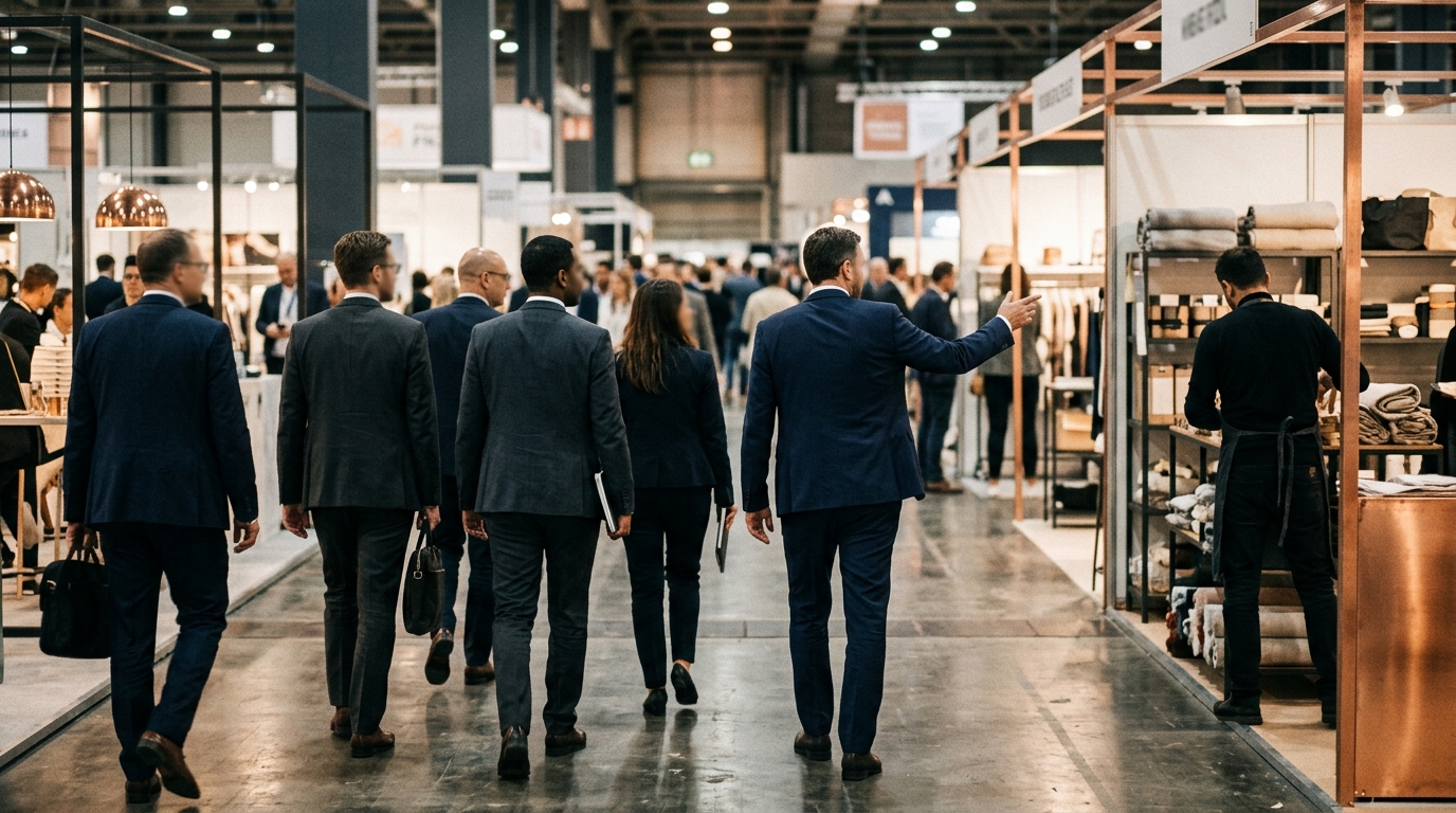A trade mission delegation walking through a wholesale market